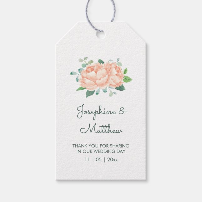 Étiquettes-cadeau Peach Peonies Aquarelle Mariage Favoriser (Devant)