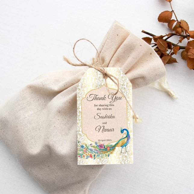 Étiquettes-cadeau Peacock Arabe motif Indien mariage faveur cadeau (Indian wedding peacock gold paisley favor gift tags peacock thank you tags)