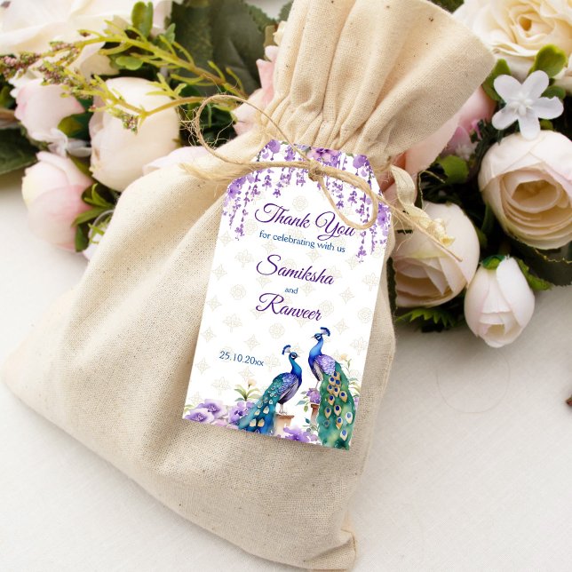 Étiquettes-cadeau Peacock fleurs violettes Mehndi mariage indien fav (Peacock purple flowers Mehndi Indian wedding favor Gift Tags watercolor peacocks wisteria flowers)