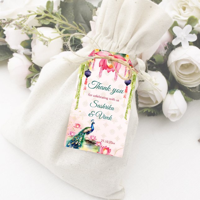 Étiquettes-cadeau Peacock lotus mariage indien merci pour (Peacock lotus Indian wedding thank you favor Gift Tags pink lotus and peacock themed wedding favor)