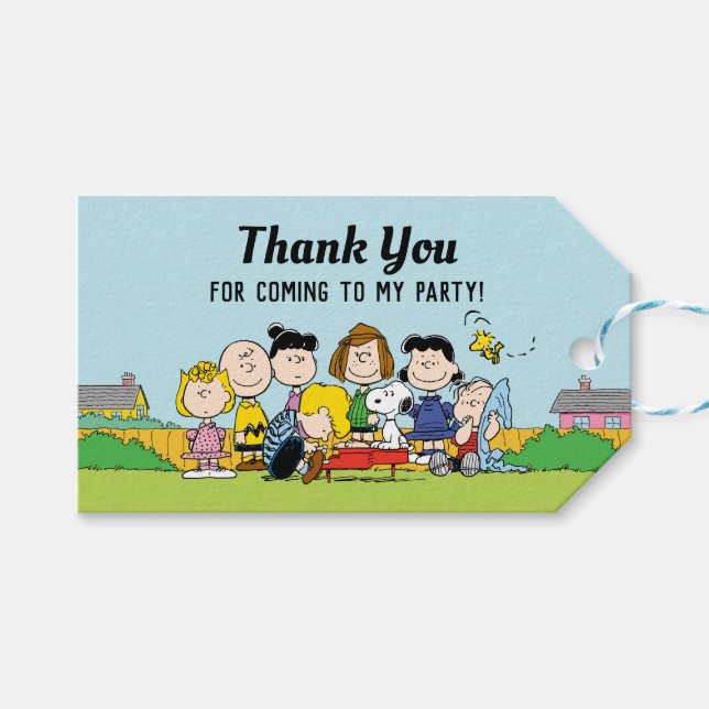 Étiquettes-cadeau Peanuts | Charlie Brown et la bande pour l'anniver (Devant (Horizontal))