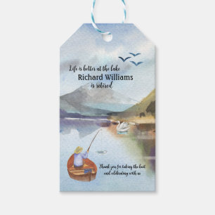 Étiquettes-cadeau Pêche à la retraite à l'aquarelle du lac