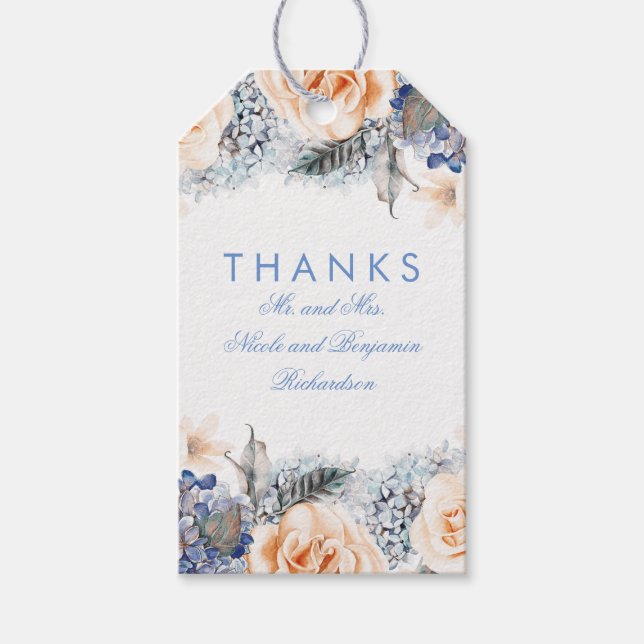 Étiquettes-cadeau Pêche et fleurs bleues Mariage élégant (Devant)