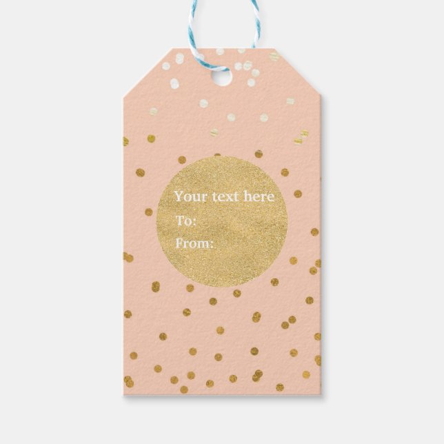 Étiquettes-cadeau Pêche et or brillant confettis points chic moderne (Devant)