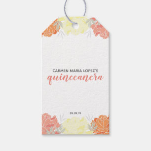 Étiquettes-cadeau Pêche Orange & Peonies Jaunes Quinceanera Party