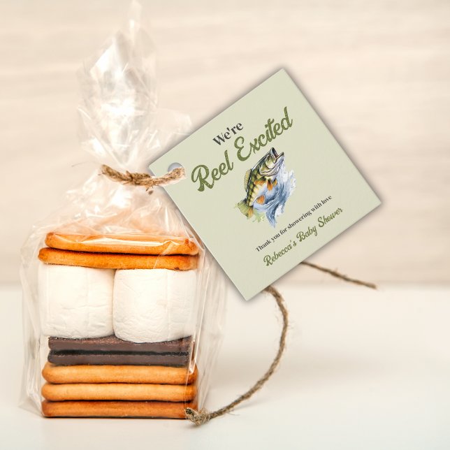 Étiquettes Cadeau Pêche Sage Green Reel Baby shower excité (Créateur téléchargé)