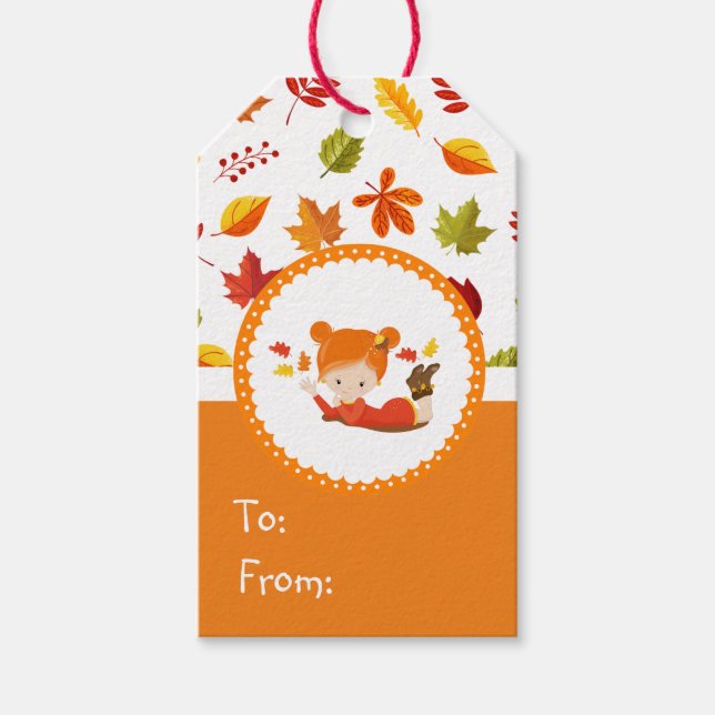 Étiquettes-cadeau Peint à la main Automne Adorable fille (Devant)