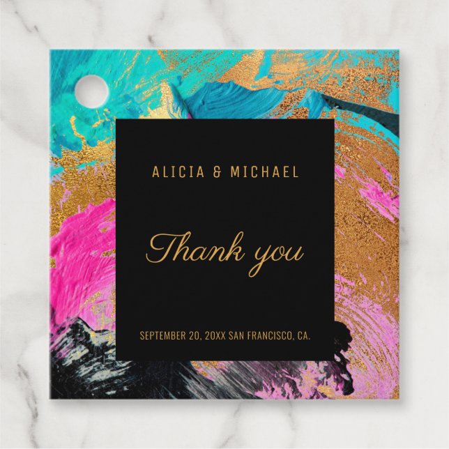Étiquettes Cadeau Peinture acrylique moderne Mariage or Merci (Devant)