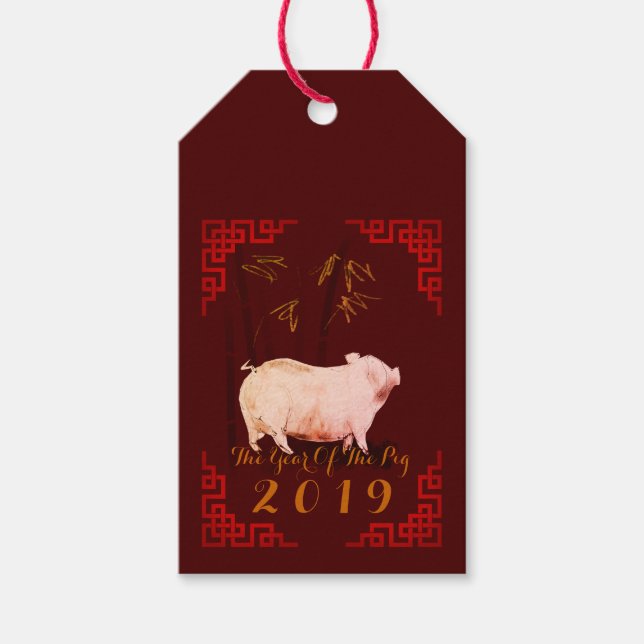 Étiquettes-cadeau Peinture Bambou Chinois Frame Cochon Année 2019 Do (Devant)