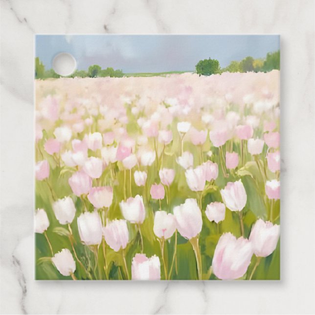 Étiquettes Cadeau Peinture de champ de fleurs de tulipes blanches (Devant)