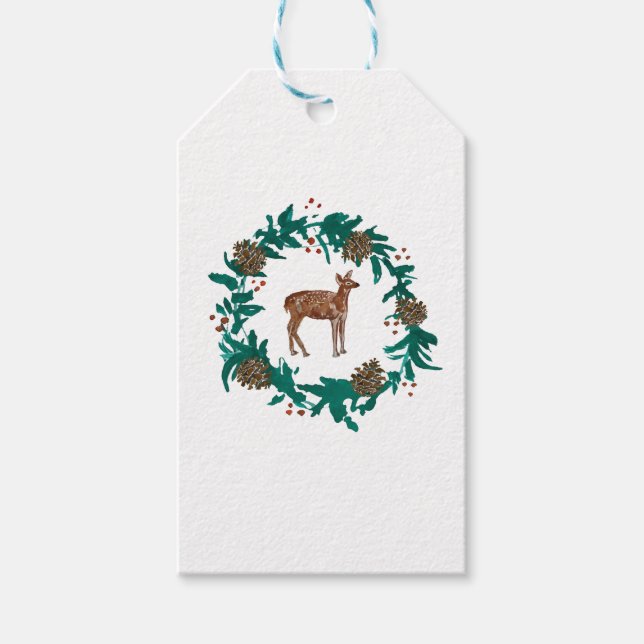 Étiquettes-cadeau Peinture de couronne de Noël de cerf de bébé (Devant)