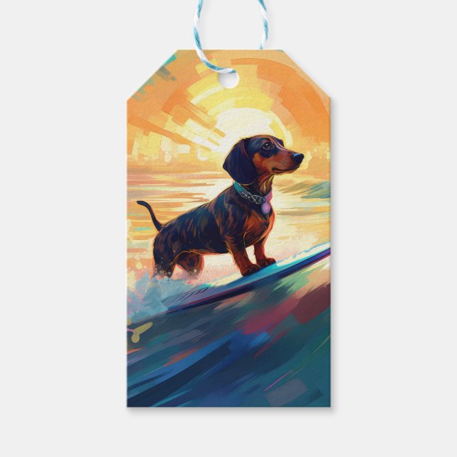 Étiquettes-cadeau Peinture de surf à la plage de teckel (Devant)