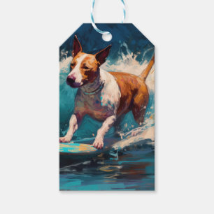 Étiquettes-cadeau Peinture de surf sur la plage de Bull Terrier