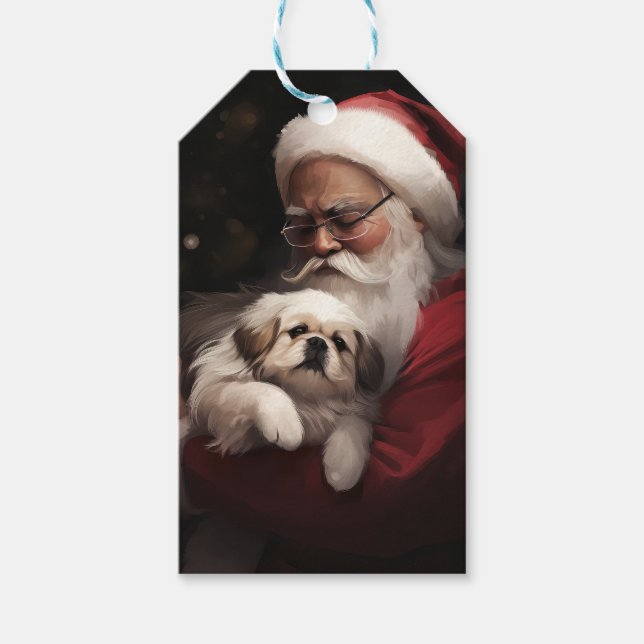 Étiquettes-cadeau Pekingese avec le Père Noël Festif Noël (Devant)