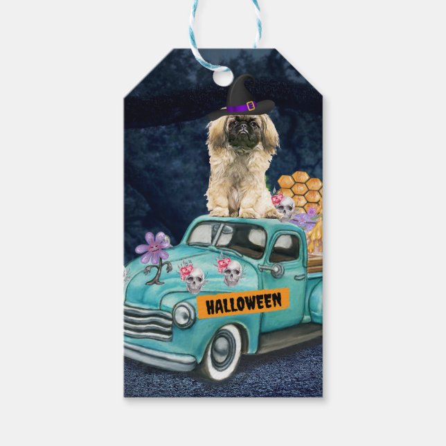 Étiquettes-cadeau Pekingese Chien Halloween Camion Effrayant Nuit (Devant)