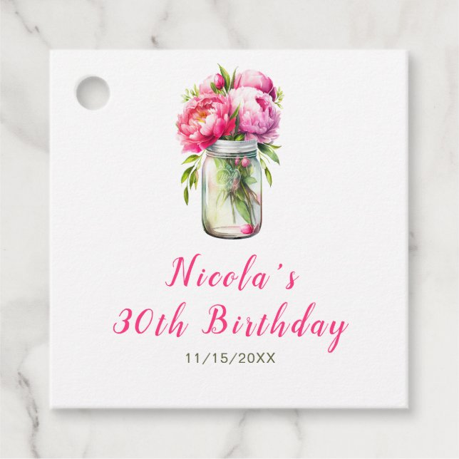 Étiquettes Cadeau Peonies roses Mason Jar Anniversaire (Devant)