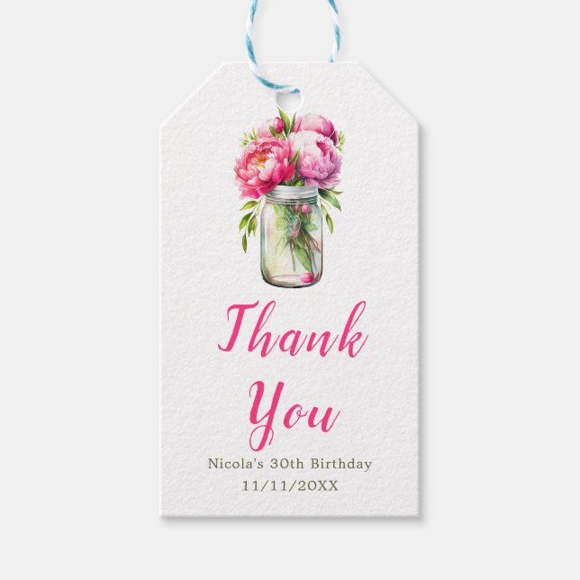Étiquettes-cadeau Peonies roses Mason Jar Anniversaire (Devant)