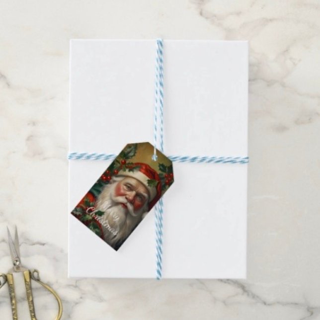 Étiquettes-cadeau Père Noël avec gui (Gift Tag. D: 3.5"l x 2”w.  Set of 10. Printed on 120lb, 18 point thick matte paper. Made in USA.)