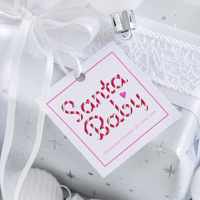 Étiquettes Cadeau Père Noël Baby Pink Holiday Baby shower Favoriser  (Santa Baby Candy Cane Stripe Typography Baby Shower Favor Tag)