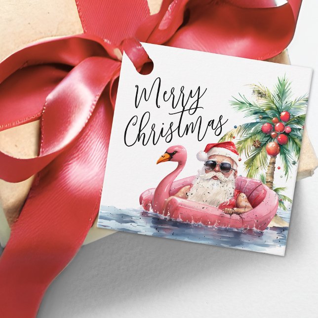 Étiquettes Cadeau Père Noël Beach Joyeux Noël (Santa Beach Merry Christmas Favor Tags )