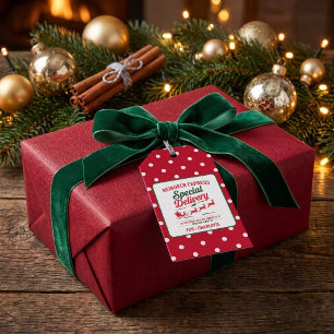 Étiquettes-cadeau Père Noël cerf rouge sac pointillé de Noël