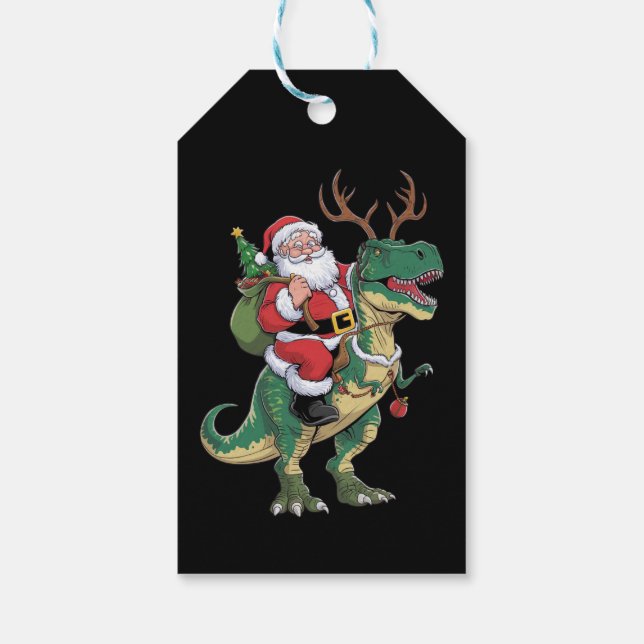 Étiquettes-cadeau Père Noël équitation Dinosaur T-Rex Noël Escadron  (Dos)