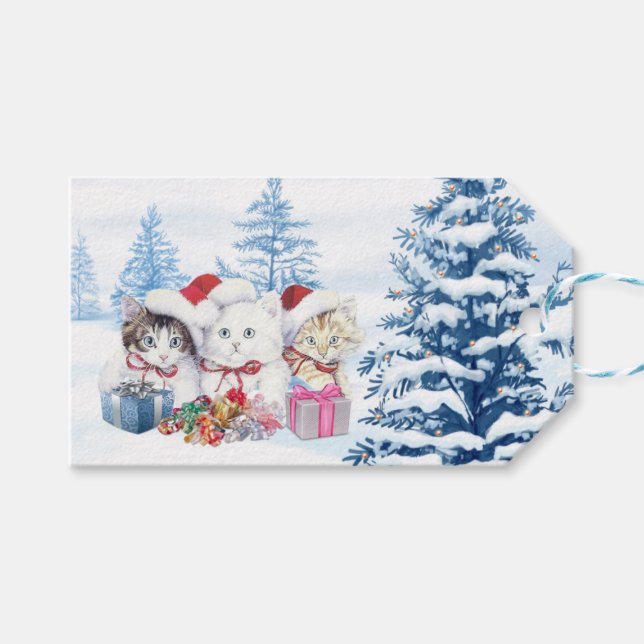 Étiquettes-cadeau Père Noël kitten, Noël de pin (Devant (Horizontal))