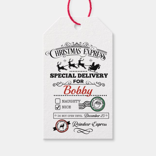 Étiquettes-cadeau Père Noël Reindeer Express Livraison de Noël avec  (Devant)