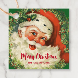 Étiquettes Cadeau Père Noël vintage avec couronne de pin