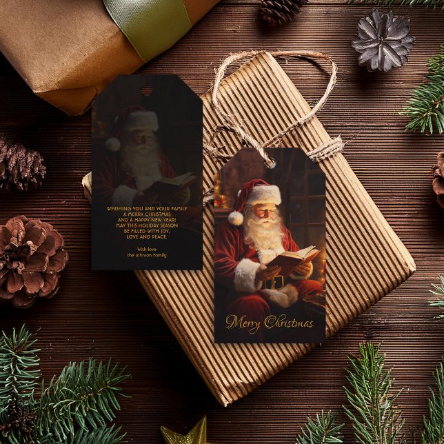 Étiquettes-cadeau Père Noël vintage Lecture d'un livre (Créateur téléchargé)