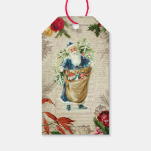Étiquettes-cadeau Père Noël Vintage rustique avec fleurs, pin et mus