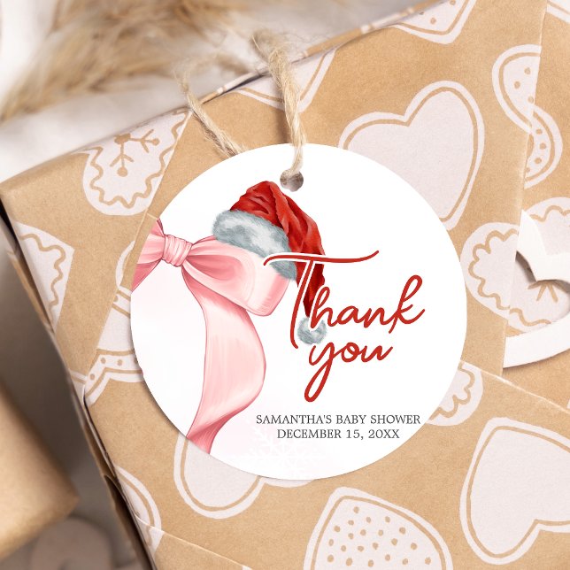 Étiquettes Cadeau Père Noël Winter Baby shower Round (Santa Baby Coquette Christmas Winter Baby Shower Favor Tags)