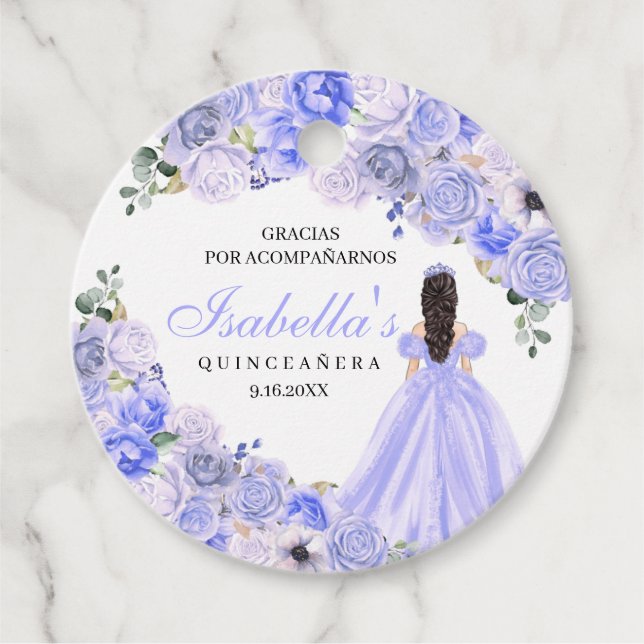 Étiquettes Cadeau Périwinkle Blue Floral Quinceanera Cercle Favorise (Devant)