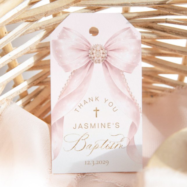 Étiquettes-cadeau Perles Baptême Arc Rose Merci (Créateur téléchargé)