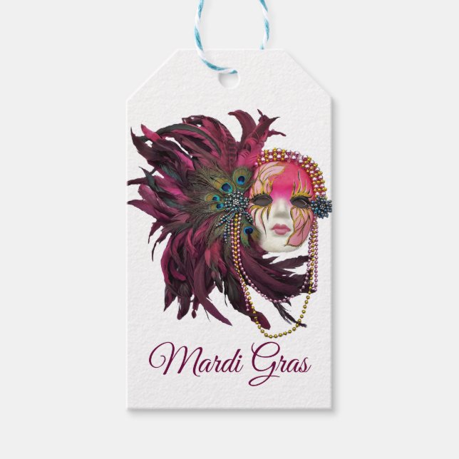 Étiquettes-cadeau Perles, plumes et Masque Mardi Gras (Devant)