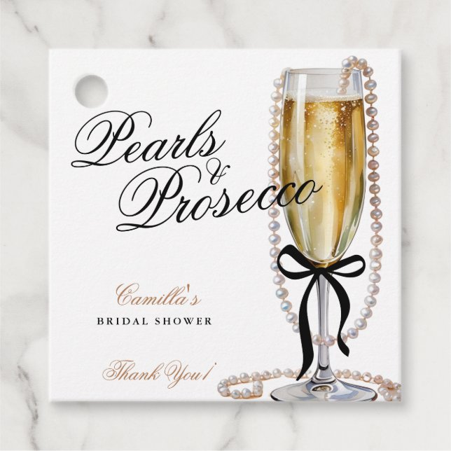 Étiquettes Cadeau Perles & Prosecco Nœud Noir Enterrement de Vie de  (Devant)