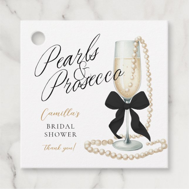 Étiquettes Cadeau Perles & Prosecco Noir Nœud Papeterie de Mariage (Devant)