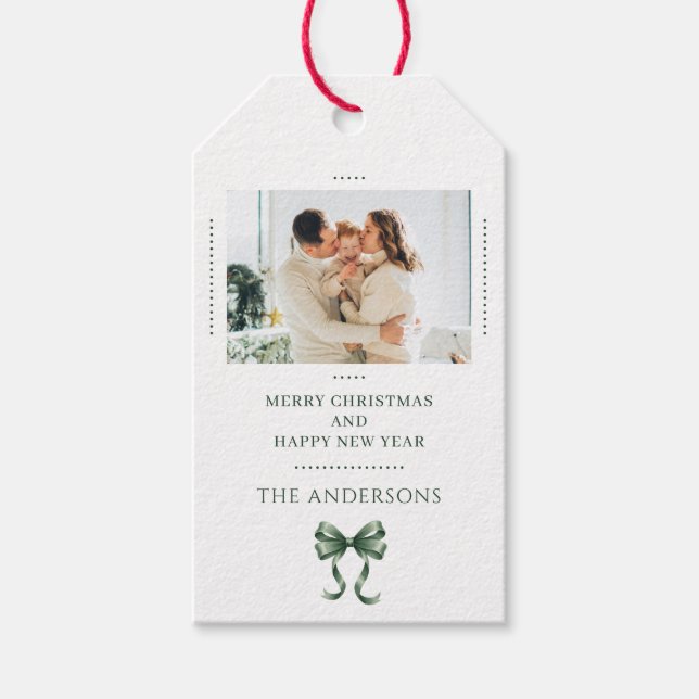 Étiquettes-cadeau Personalized Christmas Photo Green Bow Modern (Devant)