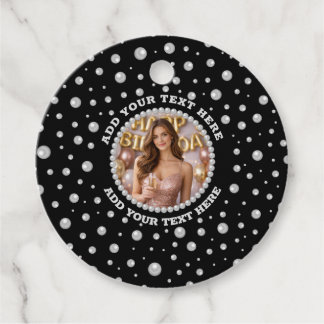 Étiquettes Cadeau Personalized Photo with Pearls Circle on Black