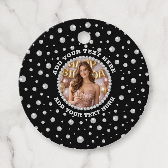 Étiquettes Cadeau Personalized Photo with Pearls Circle on Black (Devant)