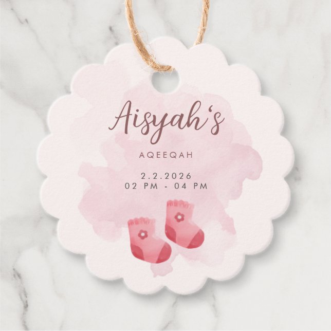 Étiquettes Cadeau Personalized Pink Watercolor Baby Girl Aqiqah (Devant)