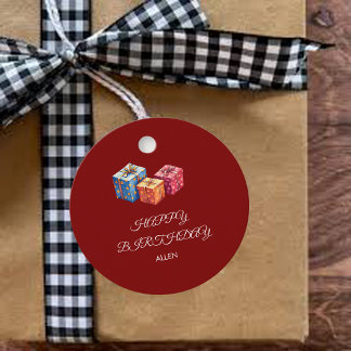 Étiquettes Cadeau Personalized Red & White "Happy Birthday"Round