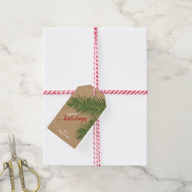 Étiquettes-cadeau Personnalisé Elégant Vert Rouge Blanc Faux Kraft V (Avec de la ficelle)