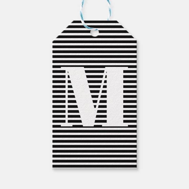 Étiquettes-cadeau Personnaliser monogramme initial noir blanc rayure (Devant)