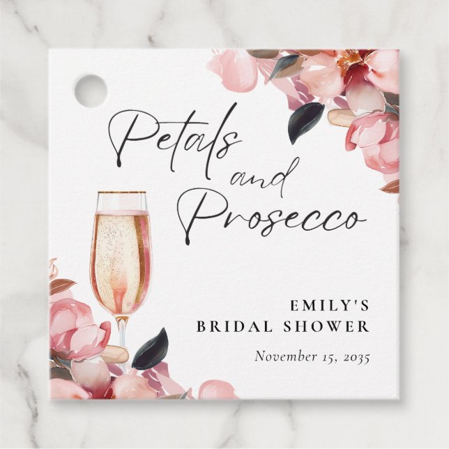 Étiquettes Cadeau Pétales et Prosecco Fête de Mariage Florale (Devant)