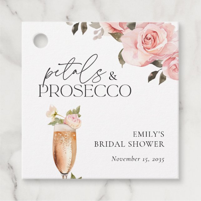 Étiquettes Cadeau Pétales et Prosecco Fête de Mariage Florale (Devant)