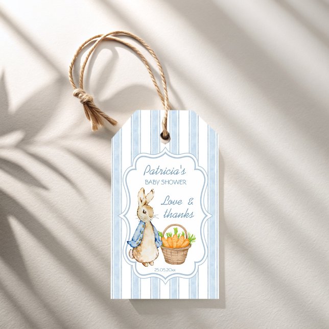 Étiquettes-cadeau Peter lapin bleu poussiéreux rayures baby shower f (Peter rabbit dusty blue stripes baby shower favor gift tags personalized printed favor tags)
