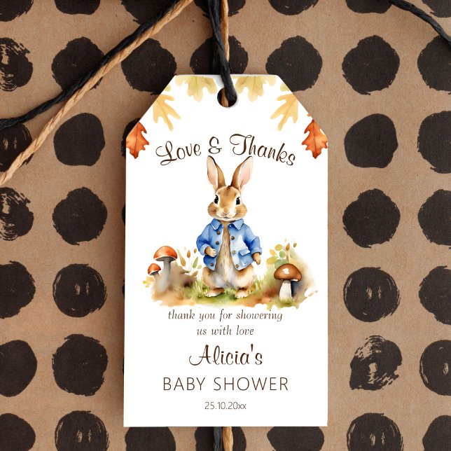 Étiquettes-cadeau Peter lapin chute thème baby shower faveur (Peter Rabbit fall themed baby shower favor gift tags, mushrooms fall leaves rabbit with blue jacket)