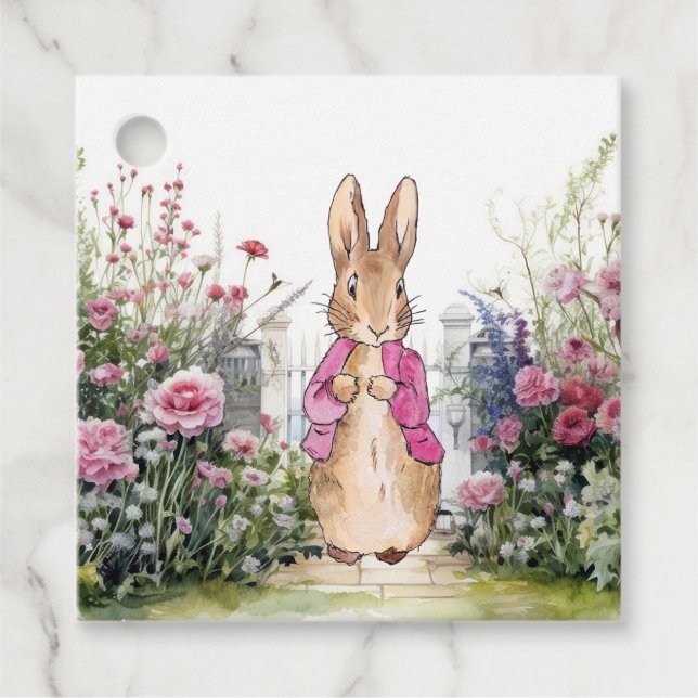 Étiquettes Cadeau Peter le lapin rose dans son jardin (Devant)