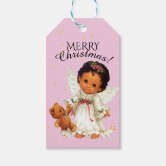 Étiquettes-cadeau Petit ange avec ours en peluche Noël Afrocentré